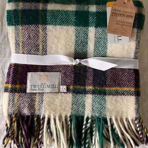 British Made Wool Plaid Throw in Cream, Green, and Purple